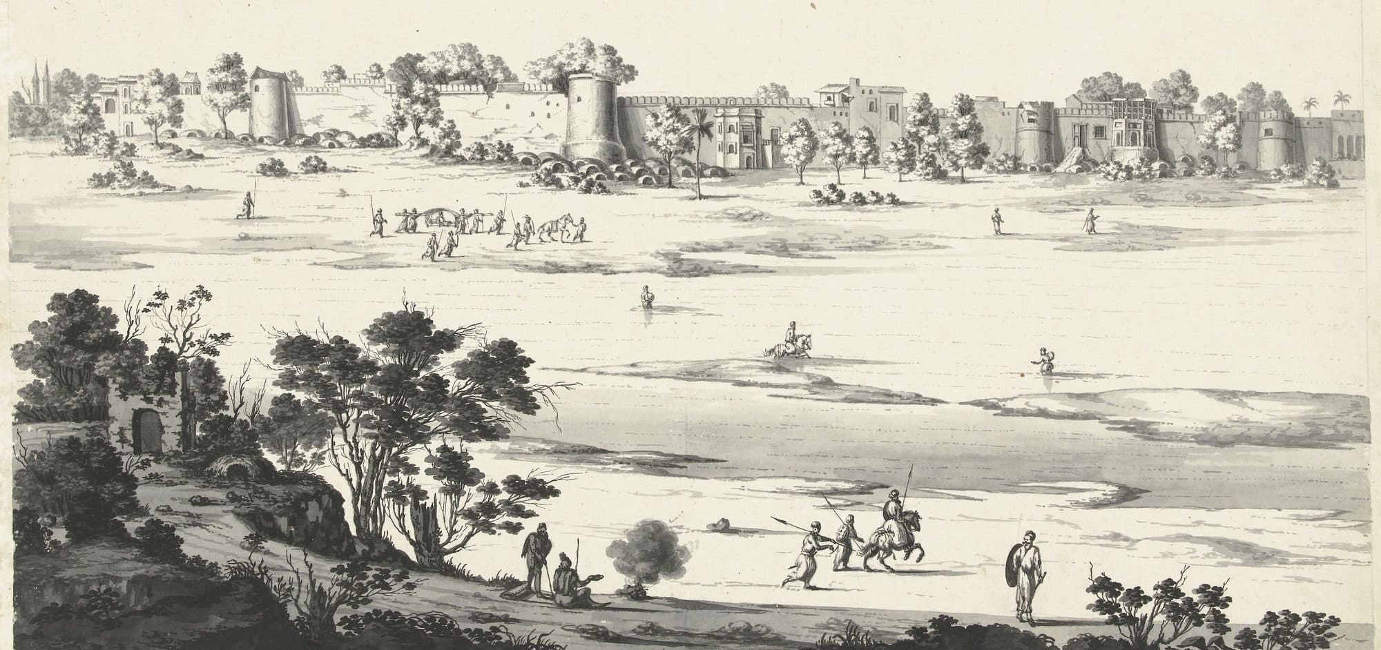 An ink-and-wash drawing of Ahmedabad seen from across the Sabarmati in 1679. A long line of battlemented walls with round towers runs along the far bank. In front of it lies a wide, flat riverbed of sand and shallow channels, with a palanquin party and horses crossing, a rider and two figures wading, and a wooded bank with travellers in the foreground.