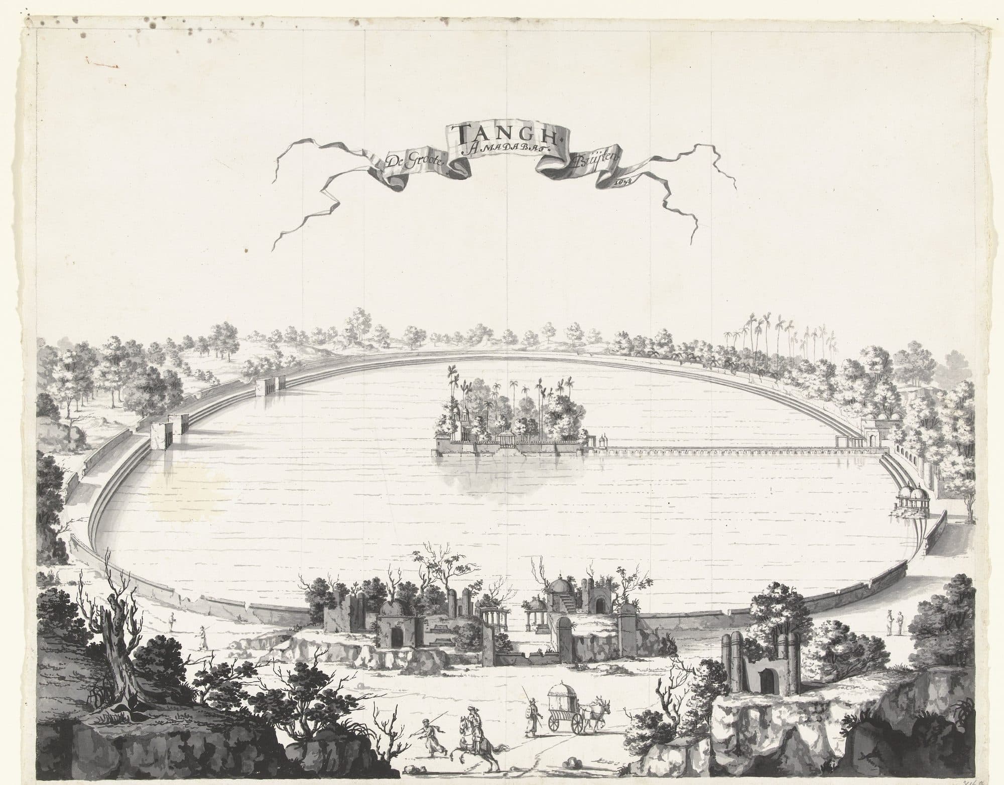 An ink-and-wash drawing titled 'De Groote Tangh buyten Amadabat', dated 1678. A vast oval tank with a stepped stone rim fills the middle of the sheet; at its centre a walled island garden with palms and small pavilions is joined to the far shore by a long arched causeway. Ruined domed buildings, a rider, walkers and a covered bullock cart are in the foreground.