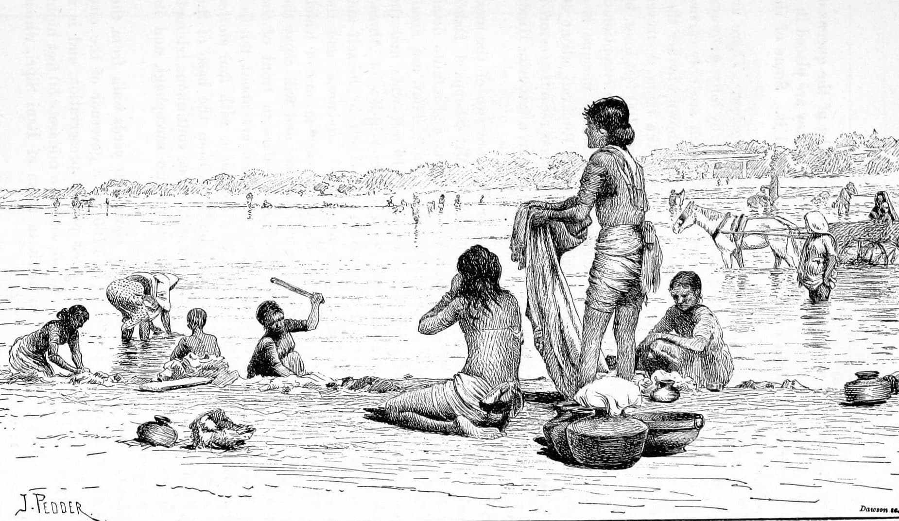 An engraving of people washing clothes and bathing in a wide, shallow river. Women kneel and beat cloth at the water's edge beside brass pots, a young man stands holding a wet cloth, and in the background a horse-drawn cart fords the river while small figures stand in the water before a low far bank of trees.