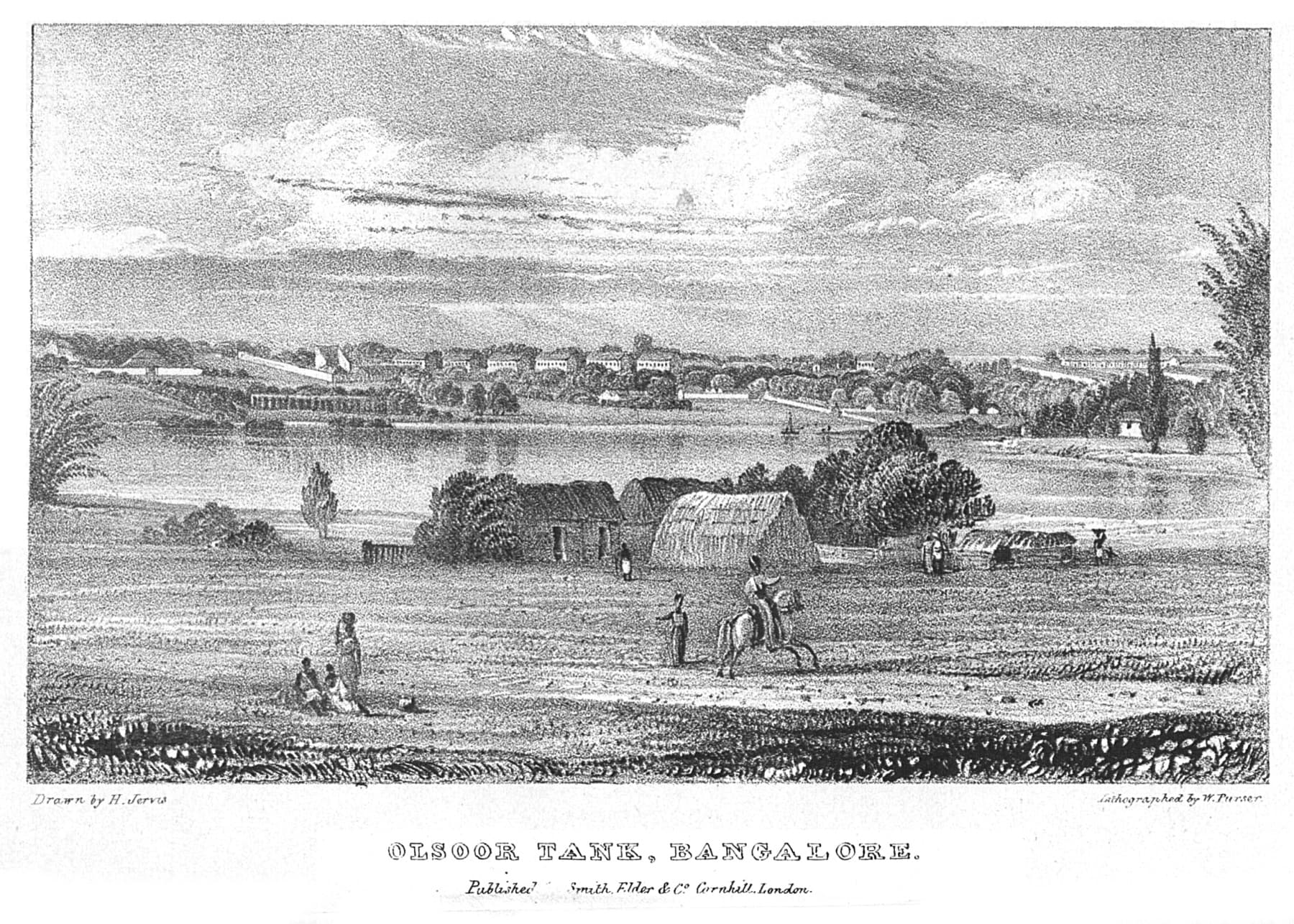 Steel engraving of Ulsoor (Halsoor) Lake in Bangalore, 1834, by William Miller after Humphrey Jervis. The kere is full; the bund is visible at right; a temple complex stands on the shore. Cattle graze at the water's edge in the foreground.