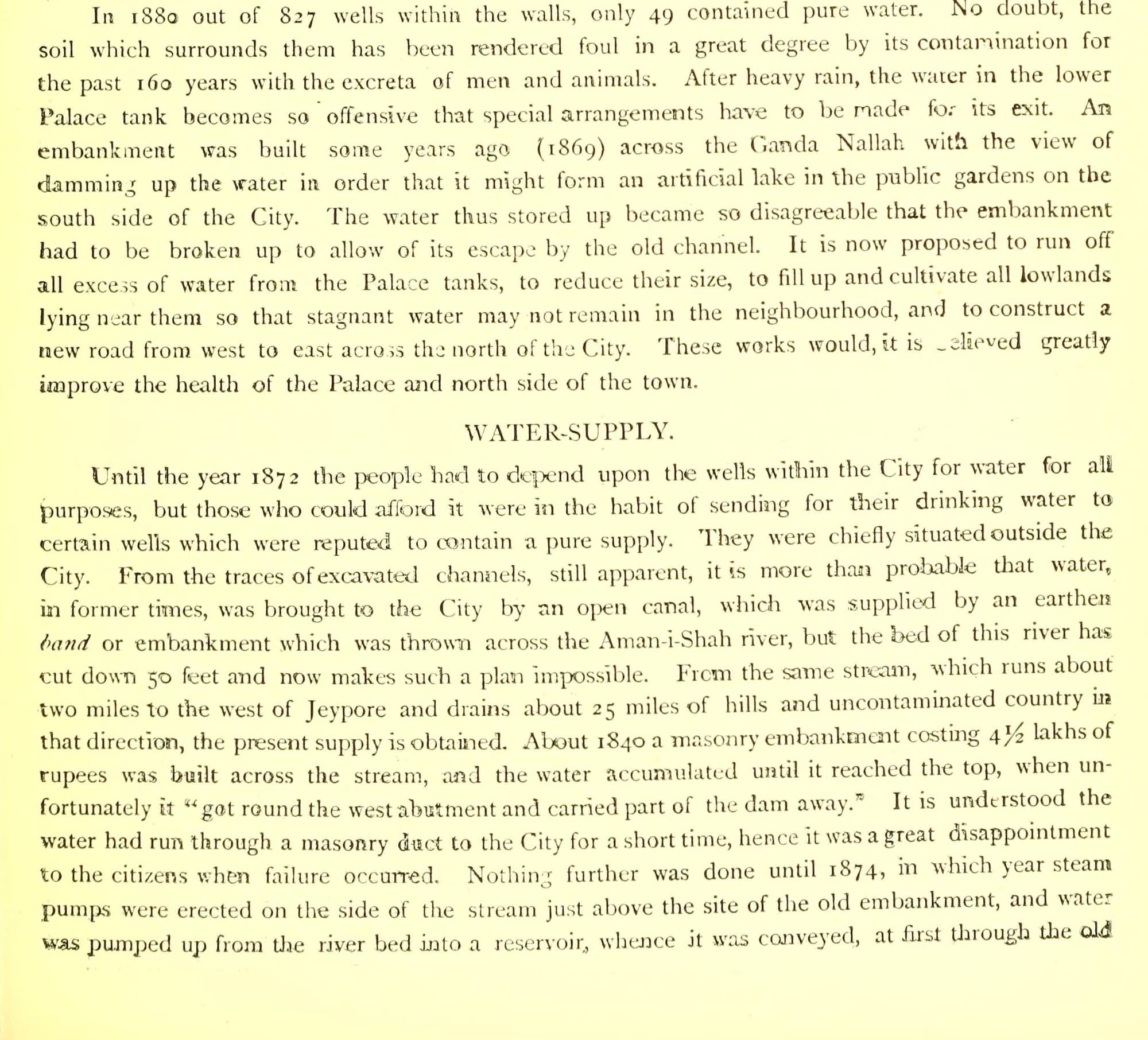 A scanned page of printed text on yellowed paper. It begins 'In 1880 out of 827 wells within the walls, only 49 contained pure water', and under the heading 'WATER-SUPPLY' describes the wells, the traces of an old canal from the Aman-i-Shah river, the masonry embankment of about 1840 that was carried away, and the steam pumps erected in 1874.