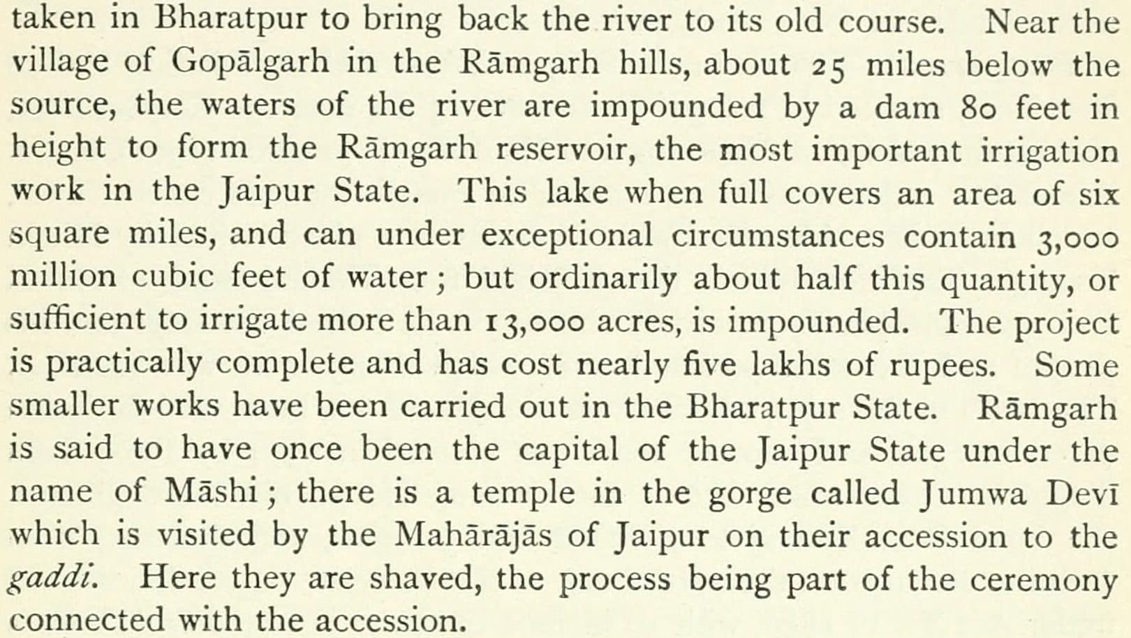 A scanned paragraph of printed text describing a dam 80 feet high near the village of Gopalgarh in the Ramgarh hills, forming the Ramgarh reservoir, the most important irrigation work in the Jaipur State, covering six square miles when full and costing nearly five lakhs of rupees.