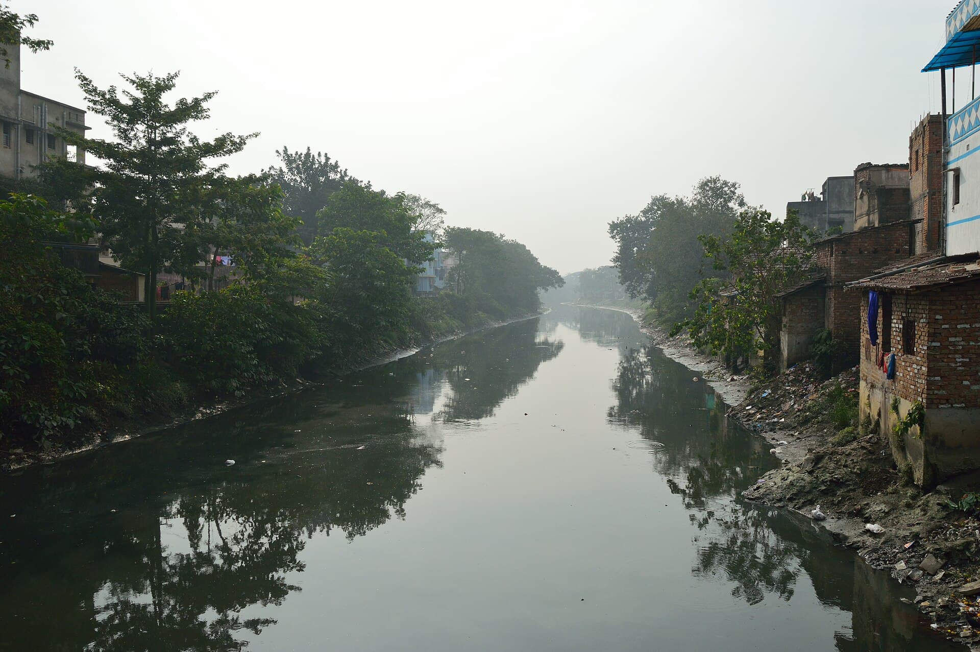 The Adi Ganga at Tollygunge in Kolkata: a narrow, dark, rubbish-strewn channel running between built-up banks.