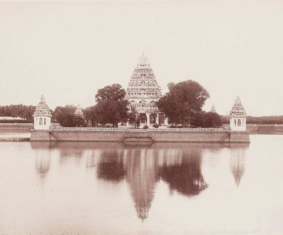 Vandiyur Mariamman Teppakulam, Madurai, c. 1870. Albumen print of the temple tank with the central island shrine, full of water.