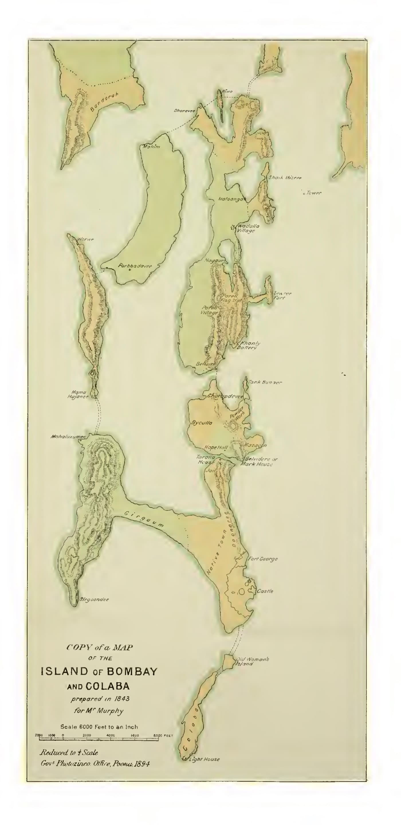 An 1843 map of the Island of Bombay and Colaba, drawn tall and narrow, showing the fused islands, the Fort at the south-east and the open low-lying Flats in the centre.
