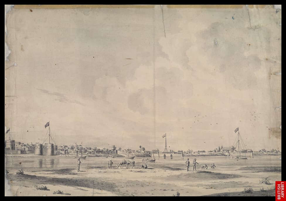 An engraved view of Surat seen from across the River Tapti, dated 1782