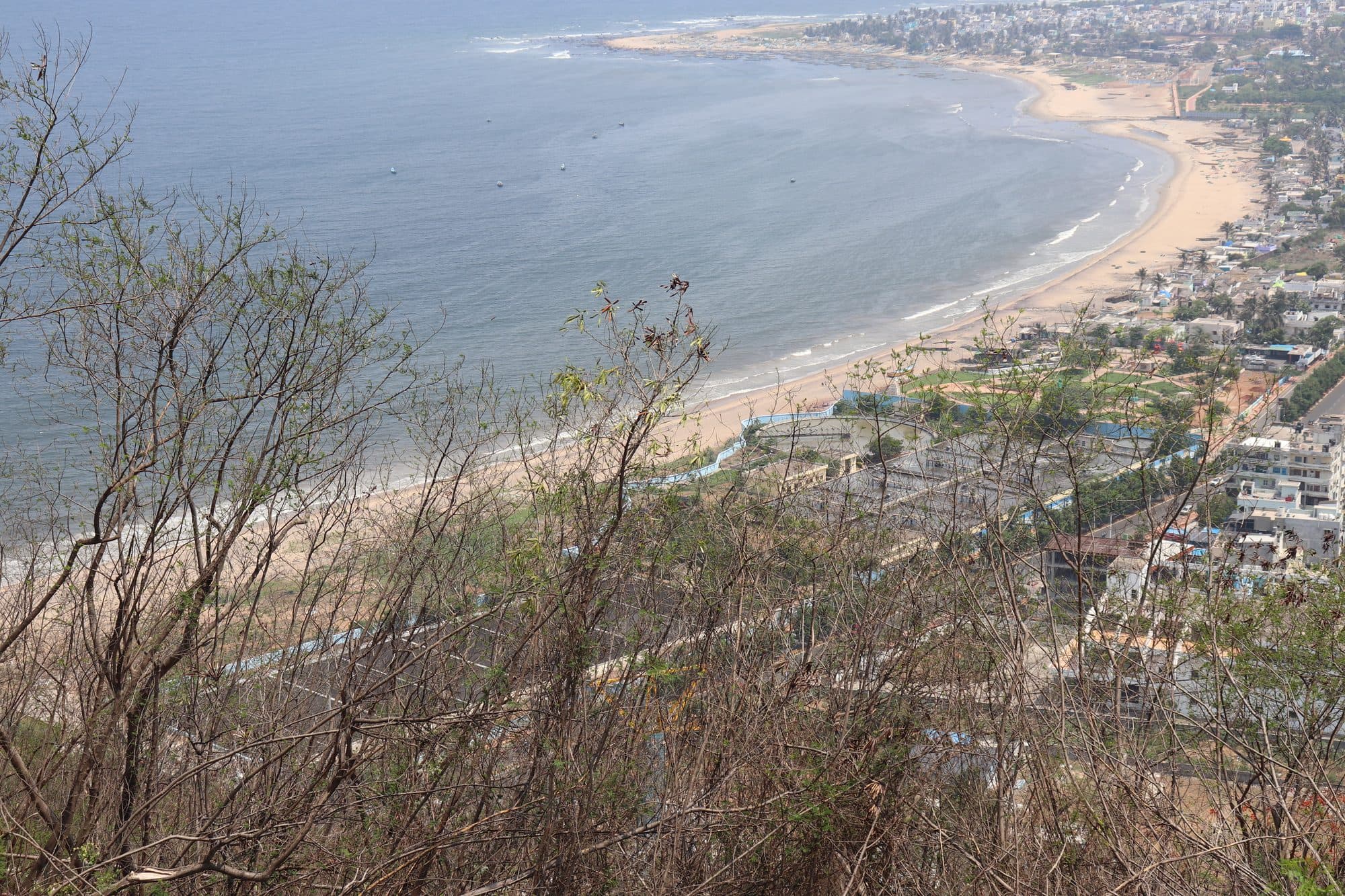 The view down from Kailasagiri in 2019: a long sandy bay curving north, the beach road lined with buildings, and a treatment plant's tanks near the shore, framed by dry branches.