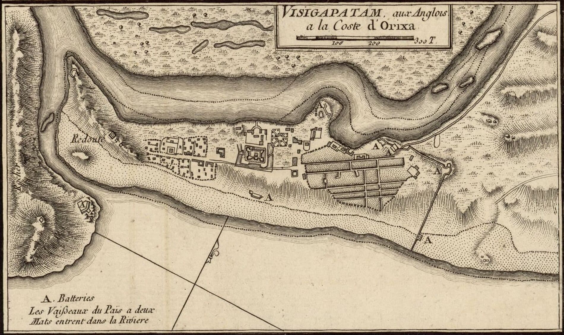 An engraved French map from 1770 titled 'Visigapatam, aux Anglois, a la Coste d'Orixa': the walled settlement on a spit beside a winding river mouth, with batteries marked and a note that country ships with two masts enter the river.