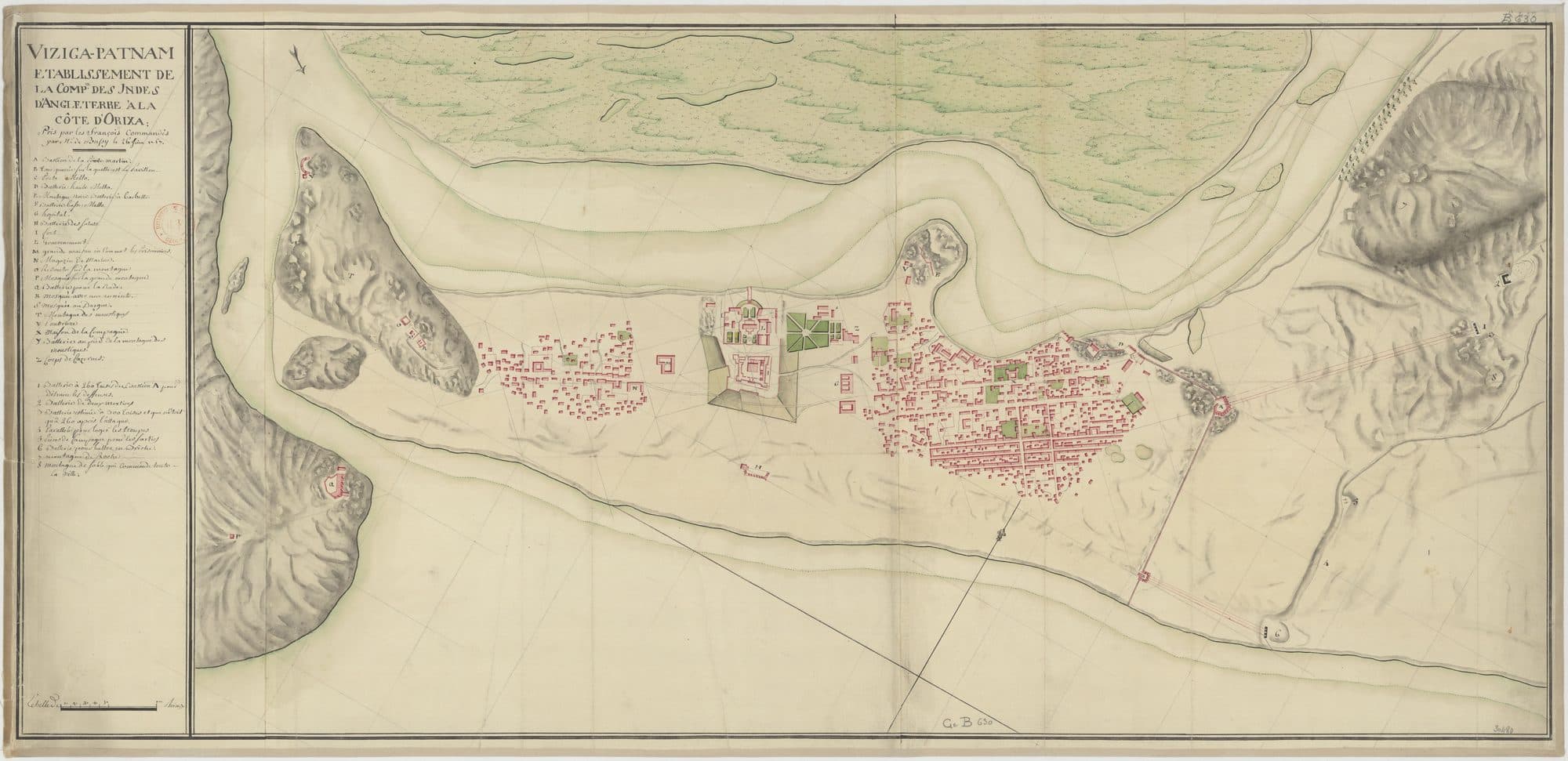 A hand-drawn French plan of Vizagapatam in 1757. The English settlement's fort and town, coloured red, sit on a long strip of land between the sea and a broad river mouth, with hills drawn on both sides and a ship's anchorage marked offshore.